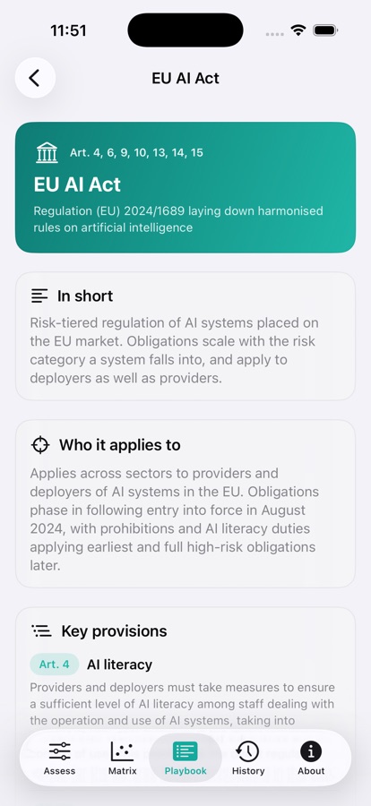 EU AI Act reference screen showing scope and key provisions.