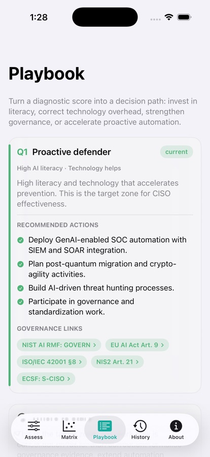 Playbook screen showing the current quadrant with recommended actions and governance links.